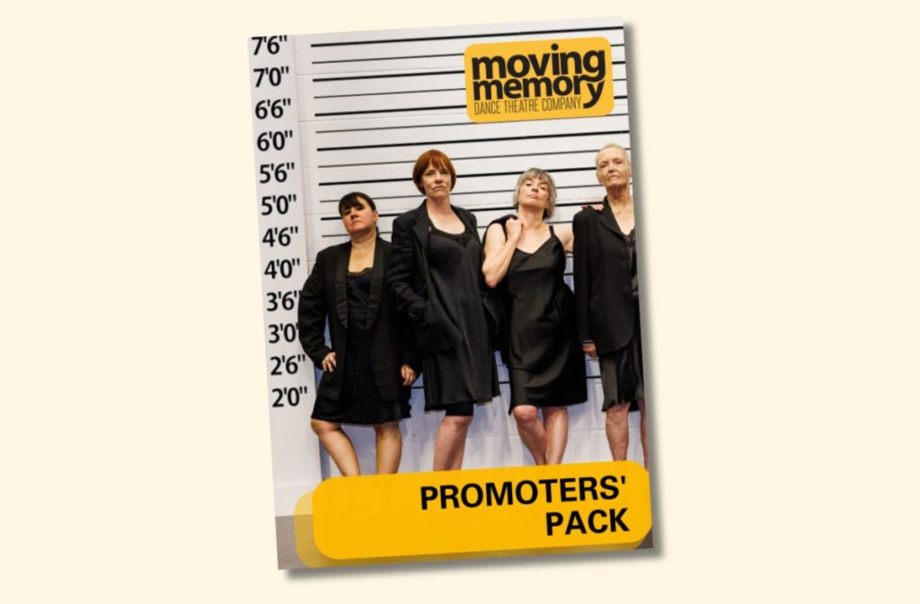 Cover of a Moving Memory "PROMOTERS' PACK" featuring four women in black dresses posing in a police line-up style against a height chart, under the company logo.