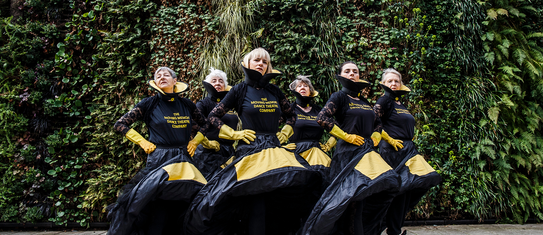 6 women dressed in striking black and yellow crinoline skirts and boxing boots stare at the camera. Their T-shirts say Moving Memory Dance Theatre Company.