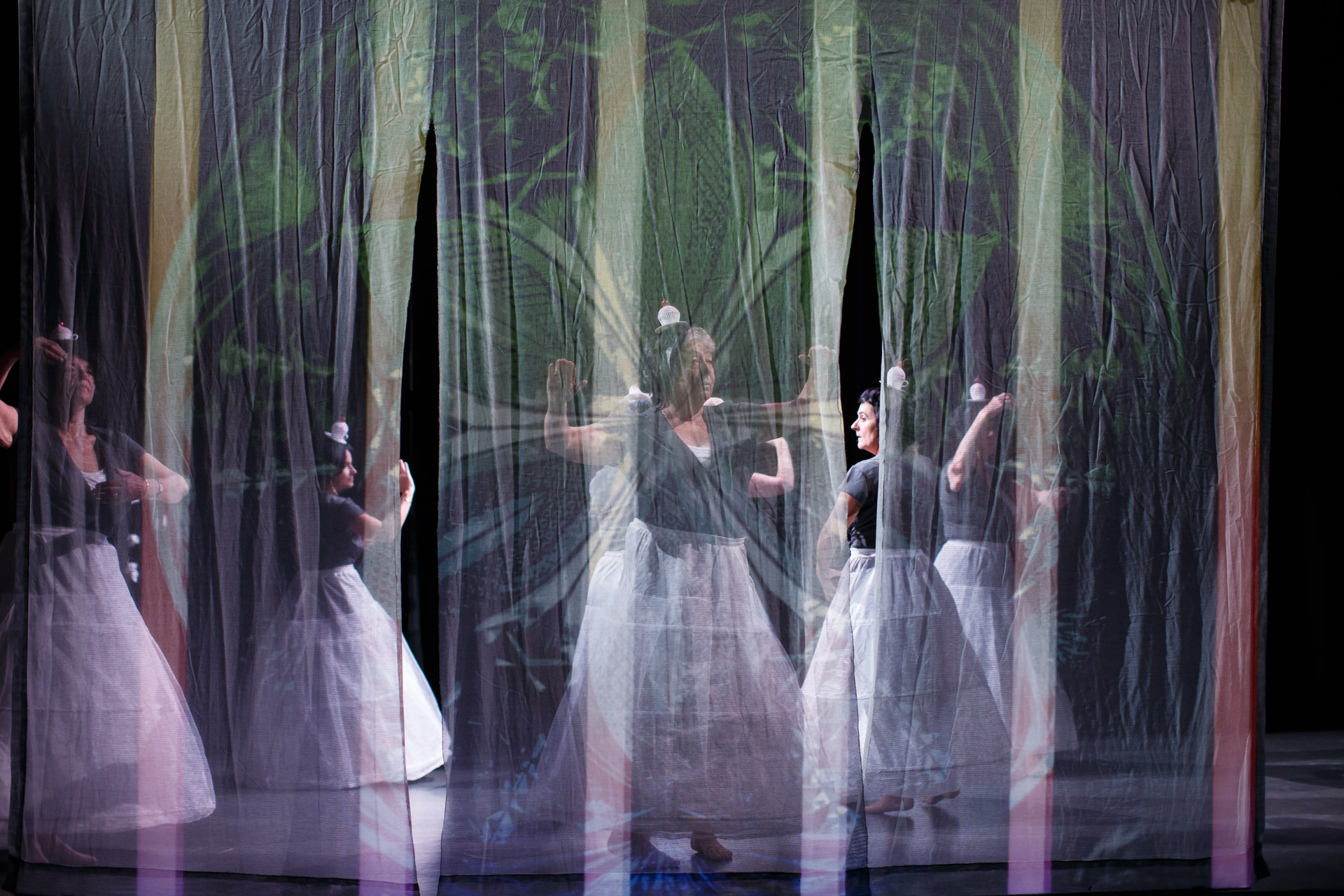 4 women in white crinoline skirts are visible through white gauze.