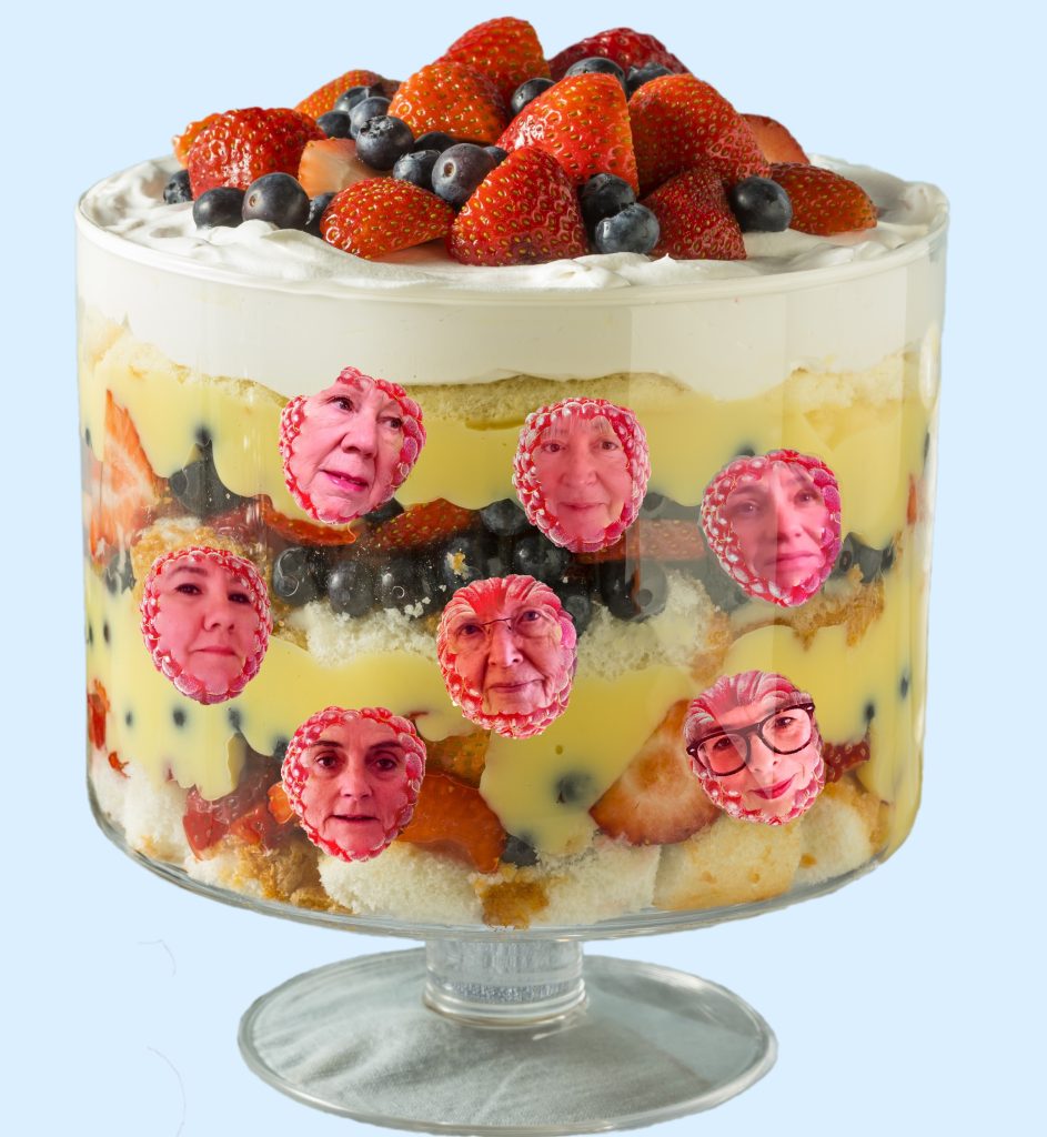 7 women's faces are superimposed on to raspberries floating in a giant trifle.