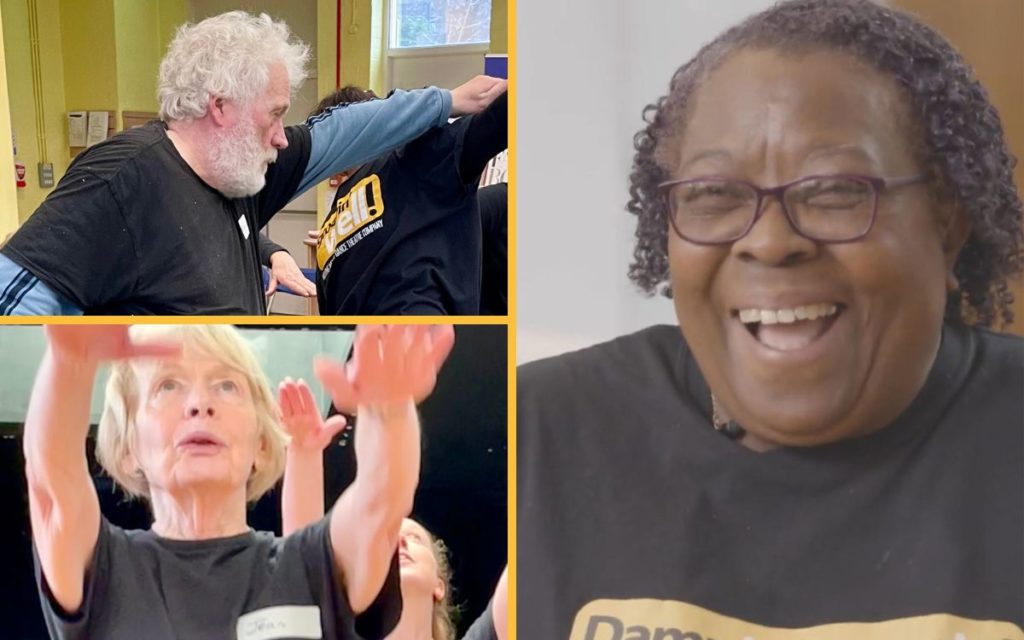 A collage of three members of the Moving Memory Advisory Board. The top left image shows a man with white hair and beard dancing with another participant. The bottom left image shows an woman raising her arms during a movement session. The right image shows a smiling woman with glasses wearing a "Damn It! Dance It!" t-shirt.